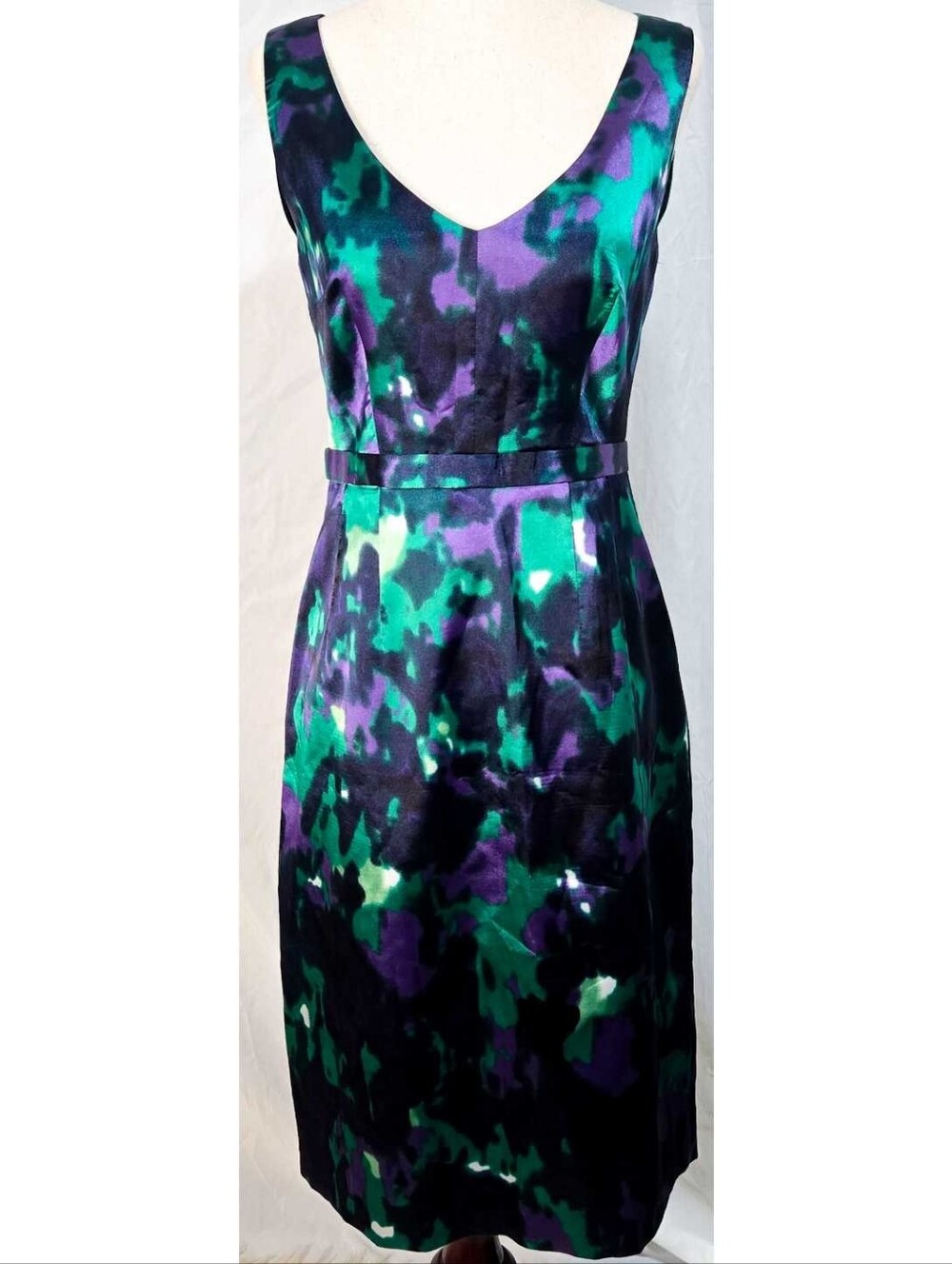 Tahari Satin Sheath Dress Green Purple Black Classic Formal Sleeveless Retro
